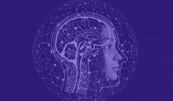Profile of an individual with feminine features and an animation of the human anatomy overlaid on top with dark Starmind purple in the background. 