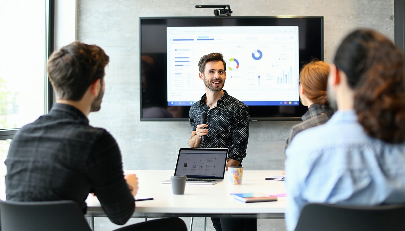 Create a conference room meeting with a presentation happening