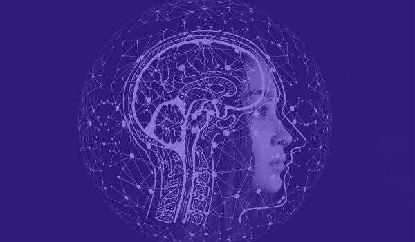 Profile of an individual with feminine features and an animation of the human anatomy overlaid on top with dark Starmind purple in the background. 